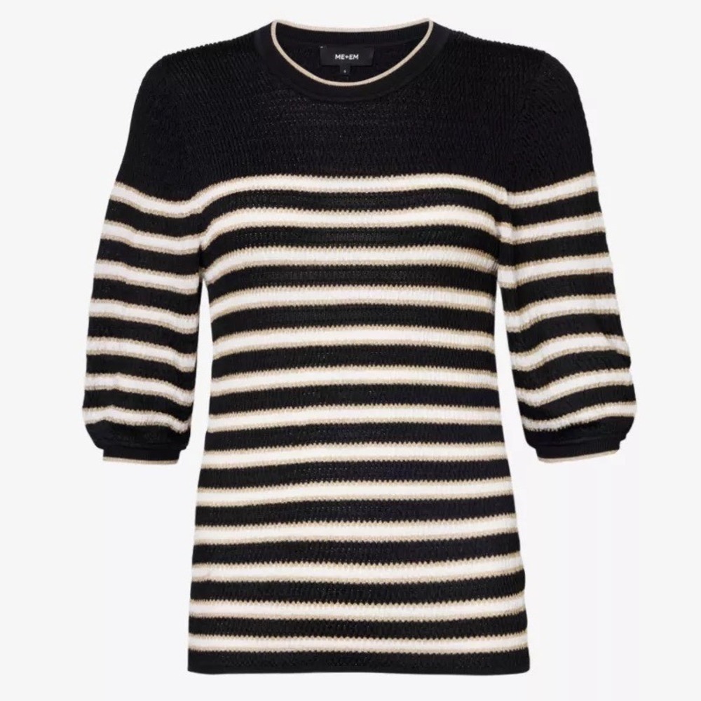 ME+EM Metallic Breton Stripe Smock Top Med Black Gold Chic Preppy Glam Classic